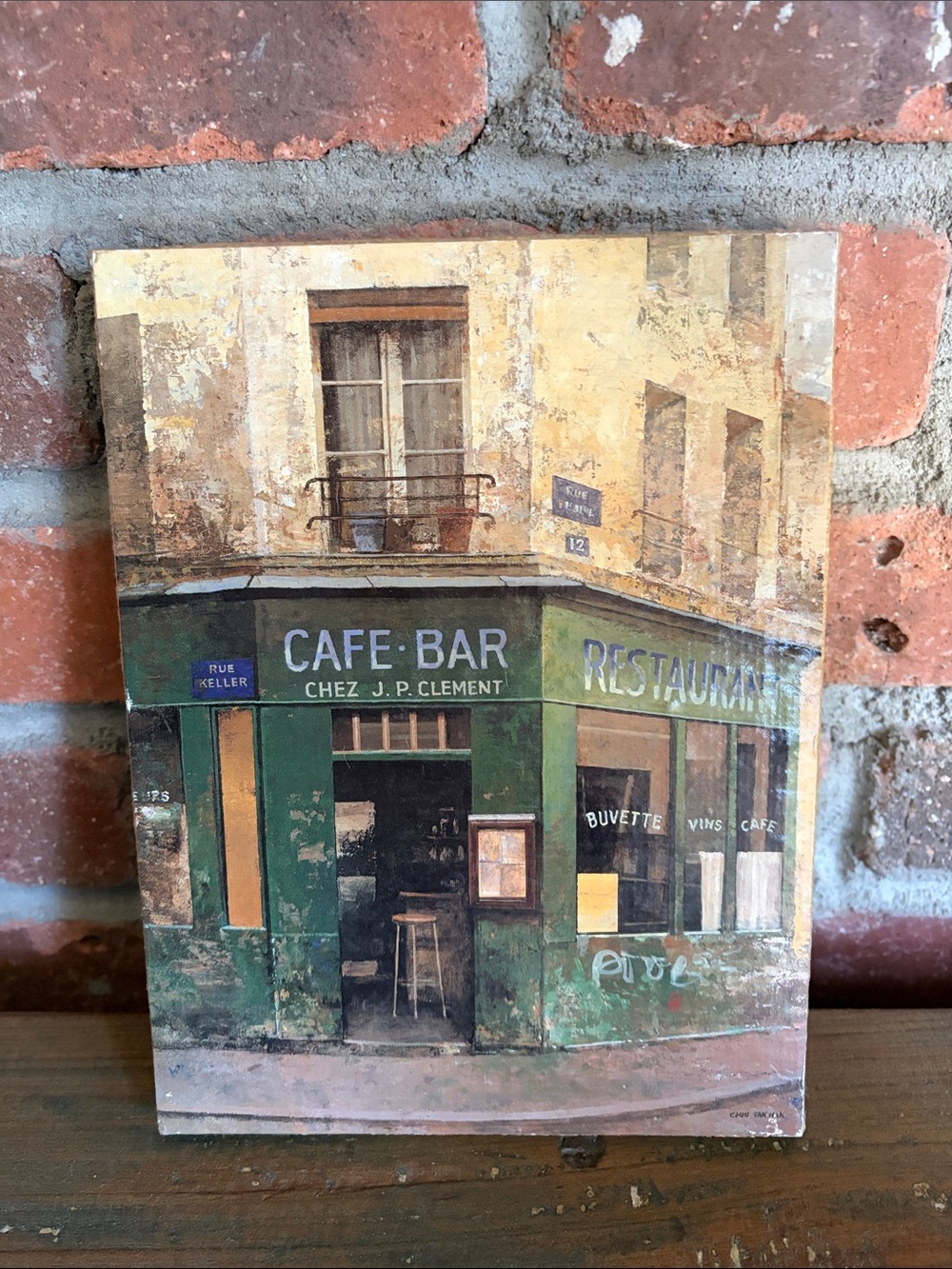 French Cafe-Bar Wall Art Print in Green and Tan